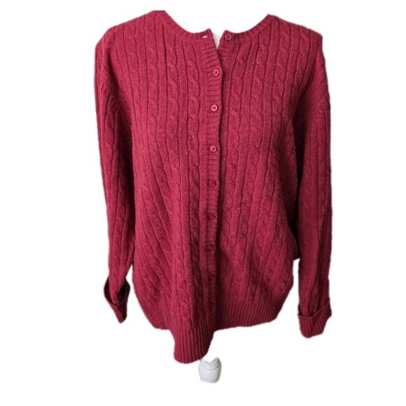 LL Bean Womens Vintage Sweater Lambs Wool Cardigan Red Size XL Cable Knit Fisher - Picture 1 of 12